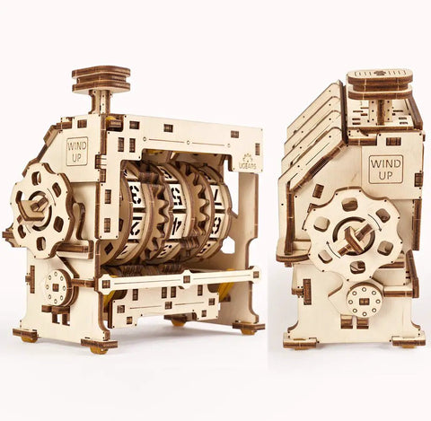 Mechanical Counter Puzzle Kit For STEM Teaching And Engineering Hands On Play Three Gear Cylinders With 0 To 9 Digits Geneva Drive Records 1 To 999 educational wooden counter, front and side view