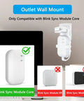 Outlet wall mount installation showing compatibility with Blink Sync Module Core, incompatible with Sync Module XR and 2.