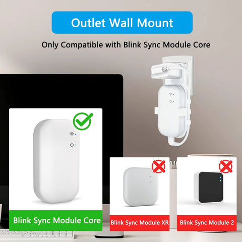Outlet wall mount installation showing compatibility with Blink Sync Module Core, incompatible with Sync Module XR and 2.