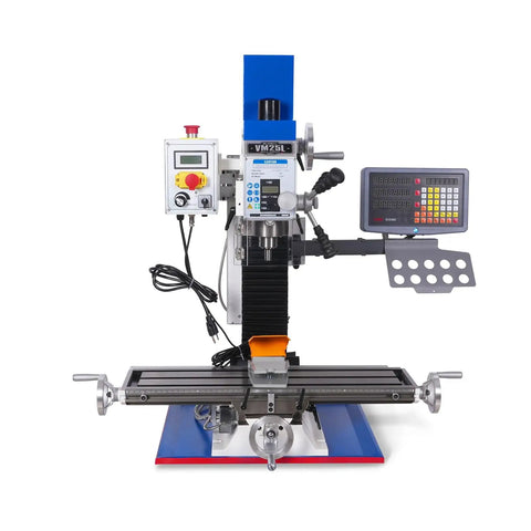 Rock Solid Benchtop Mini Mill Drill Machine featuring a peppy 1.5 HP brushless motor and R8 spindle, front view showing controls.