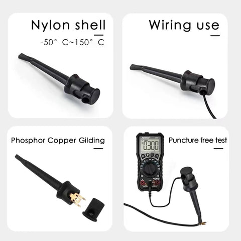 Insulated Test Hook Clip Set For Multimeter Lead Kit Mini Grabber Probes showing nylon shell and phosphor copper gilding