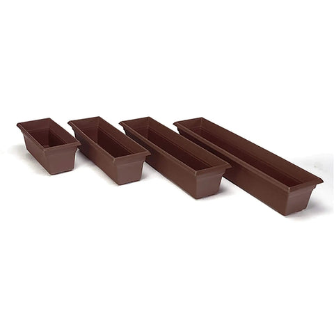 Set of brown plastic rectangular planters, including a Brown Countryside Flower Box Planter 36 Inch Big Ol Lightweight Fade Resistant