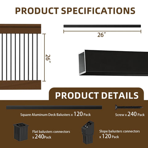 Pro Grade 120 Pack 26 Inch Square Aluminum Deck Balusters In Slick Black With No Sweat Adjustable Angle Connectors.