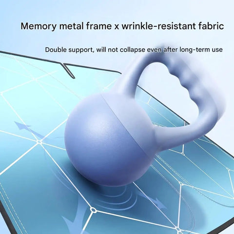 Premium Foldable Front Windshield Sunshade For Tesla Cybertruck And Cyberbeast Blocks Scorching Sunlight Keeps Your Ride Ice Cold With Tough As Nails UV Shield 2023 To 2026 on a blue background with a metal frame and fabric.