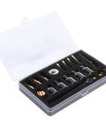Upgrade Your Argon TIG Welding Game With This Premium WP 17 18 26 Torch Accessories Kit Featuring Heat Resistant Glass Cups Nozzles And Brass Clamps For Crystal Clear Arc Views And Flawless Welds On Steel And Aluminum, showcasing a complete set in a clear storage case.