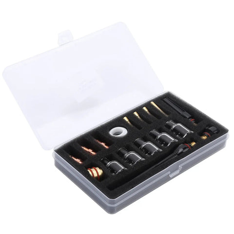 Upgrade Your Argon TIG Welding Game With This Premium WP 17 18 26 Torch Accessories Kit Featuring Heat Resistant Glass Cups Nozzles And Brass Clamps For Crystal Clear Arc Views And Flawless Welds On Steel And Aluminum, showcasing a complete set in a clear storage case.