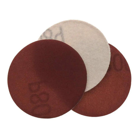 Close-up of 3 sandpaper discs showcasing 20 Pcs 3 Inch 75 Mm Red Sandpaper Discs With Hook Loop Fastener for wood polishing.