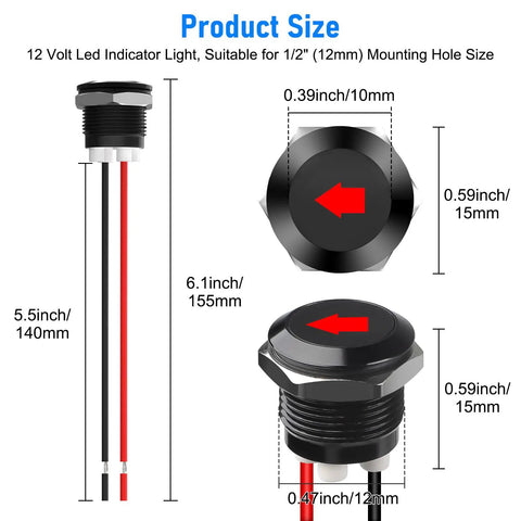 2-Pack 12V Red LED Indicator Light Kit For Rigs And Gear With Half-Inch Panel Cutout Waterproof Signal Lamps 300mm Wires Bright Uniform Glow Built Tough IP67 Waterproof, 12 mm size diagram