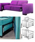 Heavy Duty Metal Sofa Connectors 4.7 Inch Interlocking Hangers Wall Mount Brackets for securing modular purple and teal sofas.