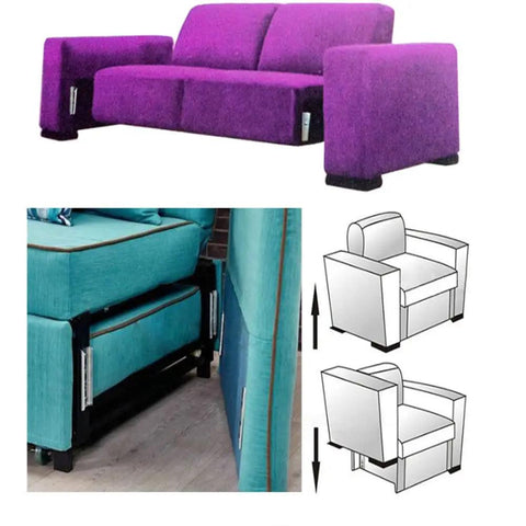 Heavy Duty Metal Sofa Connectors 4.7 Inch Interlocking Hangers Wall Mount Brackets for securing modular purple and teal sofas.