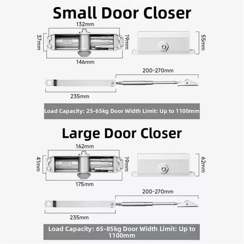 Diagram of Heavy Duty 25 to 85Kg Door Closer With Adjustable Speed Quiet Soft Close Hydraulic Buffer, aluminum alloy, silver finish.