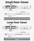 Diagram of small and large Heavy Duty Door Closer For 25 To 85 Kg Doors Aluminum Alloy Mute Soft Close No Positioning S Fits Up To 1100mm Wide