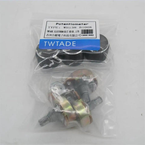 Wh138 100K Ohm Potentiometer Set Three Pack with Black Aluminum Knob Caps in Packaging