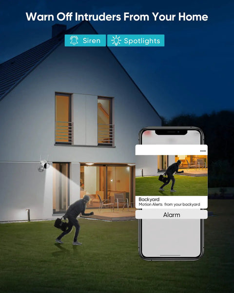 Battery Powered Outdoor Security Camera With Spotlight 1080p HD Color Night Vision capturing intruder on smartphone app.