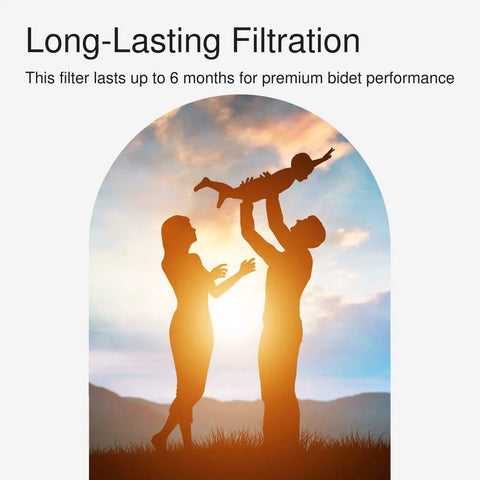 Silhouette of a family at sunset, promoting Swash Bidet Filter Premium Carbon Water Filtration System For Electric Bidet Seats