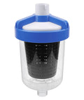 Inline Pool Leaf Canister Debris Catcher For Hayward W560 clear body with blue lid, visible strainer basket inside.