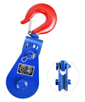 Beefy Heavy Duty Snatch Block With Hook, 8 Ton Capacity, 6 Inch Sheave For Rollback Wrecker And Flatbed Tow Trucks, blue and red design
