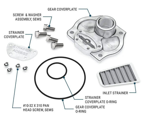 Gear Coverplate Replacement Kit for M-180S Fuel Transfer Pumps includes strainer coverplate, inlet strainer, O-rings, screws