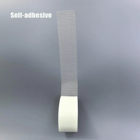 Fiberglass Drywall Repair Tape Self Adhesive Mesh, 2 Inch by 100 Ft Roll, shown unrolled with mesh texture and self-adhesive label.