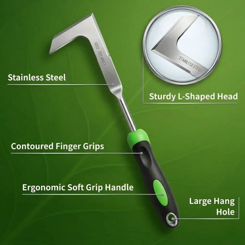 Close-up of stainless steel precision L-shaped crack weeder with ergonomic handle, part of Two Piece Weeding Tool Set With Lever Action Weed Puller And Precision L Shaped Crack Weeder Stainless Steel For Tight Spaces Root Removal And Moss Dandelion Removal In Garden Patio Pavers.