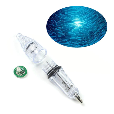 Open view of Led Underwater Fishing Light 5 Pack Deep Drop Bait Lure Lamp Waterproof Flashing with ocean background reflection.