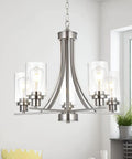 Traditional 5 Light Chandelier In Brushed Nickel With Clear Glass Shades Dope Modern Hanging Pendant Lighting In Room