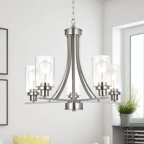 Traditional 5 Light Chandelier In Brushed Nickel With Clear Glass Shades Dope Modern Hanging Pendant Lighting In Room