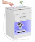 Ultra Sleek White Nightstand Packs A Rapid Charging Hub And Ambient Led Lighting While Guarding A Legit Hidden Safe For Stashing Cash And Electronics Plus Extra Power Outlets, showing drawer and illuminated shelf.