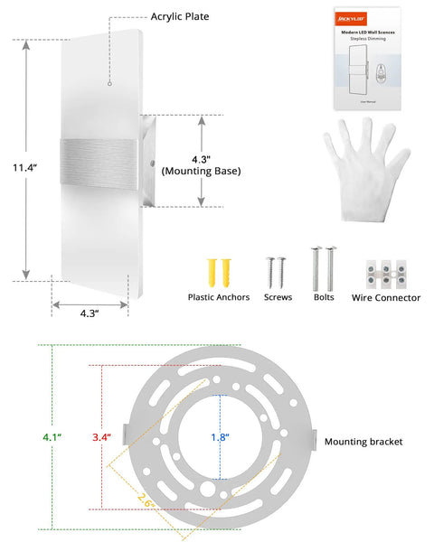 No-Fuss Set of Two Modern Wall Sconces with Stepless Dimming, detailed view with mounting bracket and installation accessories.