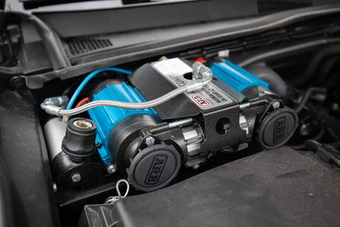 CKMTA12 12V On Board Twin High Flow Air Compressor Powerhouse for offroad vehicles mounted in engine compartment