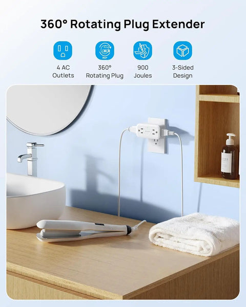 Super Sleek 4 Outlet Surge Protector With 360 Rotating Head And Space Saving Design White Power Strip Extender mounted on a wall.