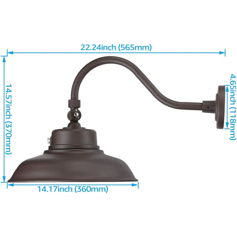 Gooseneck Barn Light With Dusk To Dawn Sensor Outdoor Wall Sconce Vintage Farmhouse Vibe Swivel Head Wet Location shown with dimensions