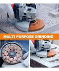 Four And A Half Inch Diamond Double Row Cup Wheel in use on concrete surface with grinder; 115mm, 5mm segments, grit 40/50