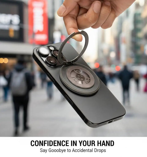 Fidget Grip For MagSafe iPhone Through 17 Series With 360 Degree Kickstand And ASMR Clicks Kinetic Art EDC Gadget in use in city