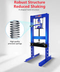 Badass 6 Ton Hydraulic Shop Press With Integrated Bottle Jack Adjustable Stamping Plates And Spacious Work Table Built Tough For Bearing Install U Joint Removal And Metal Bending In Home Garage showing its H-shaped frame and precision springs.