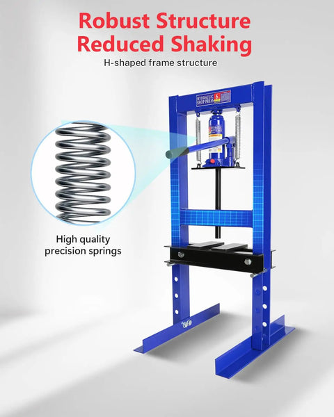 Badass 6 Ton Hydraulic Shop Press With Integrated Bottle Jack Adjustable Stamping Plates And Spacious Work Table Built Tough For Bearing Install U Joint Removal And Metal Bending In Home Garage showing its H-shaped frame and precision springs.