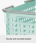 Close-up of mint blue portable large basket with movable handles, sturdy plastic material, perfect for indoor and outdoor utility.