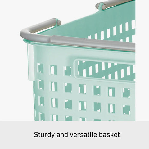 Close-up of mint blue portable large basket with movable handles, sturdy plastic material, perfect for indoor and outdoor utility.