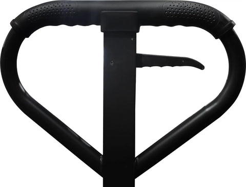 Close-up view of the handle and lever of the Heavy Duty Drum Lifter And Rotator Tool For 55 Gallon Steel Or Plastic Barrels.