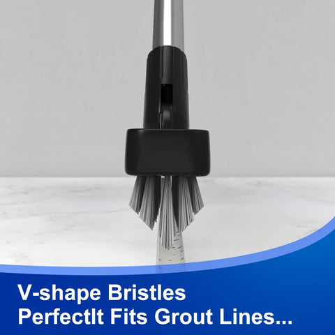 Close-up of Grout Cleaning Brush with Adjustable Long Handle Swivel Head V Shaped Stiff Bristles on a marble surface