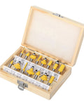 15 Piece One Quarter Inch Shank Tungsten Carbide Router Bit Set in open wooden box, showing various bit shapes for woodworking.