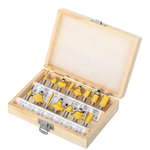15 Piece One Quarter Inch Shank Tungsten Carbide Router Bit Set in open wooden box, showing various bit shapes for woodworking.