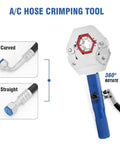 Heavy Duty Hydraulic Crimping Tool And Hose Crimping Machine Portable Power Tool For AC Pipe Die Sets Size 6 To 12 Inch showing curved and straight fittings.
