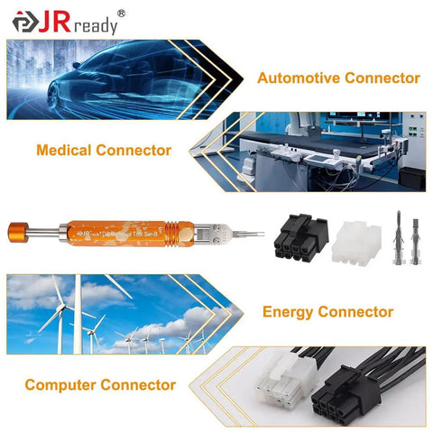 Heavy Duty Molex Pin Extractor Tool For Mini Fit Jr Terminals With Built In Plunger Depinning Setup No Sweat Electrical Wire Contact Puller, on display with various connectors.