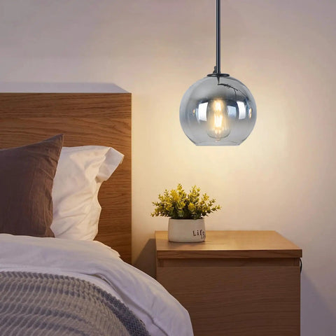 Dope Modern Black Globe Pendant Lights Two Pack, Glass Silver Gradient Orbs, Soft Warm Glow Ceiling Fixture in bedroom