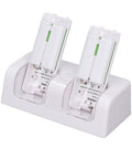 Dual Remote Charger Dock With Built In 2800mAh Batteries For Game Consoles And Smart TVs 4 In 1 Remote Charging Station Easy Drop In Recharge Without Battery Swaps Portable ABS Base In White Fast And Efficient Power showing two 2800mAh batteries inserted in white charging dock