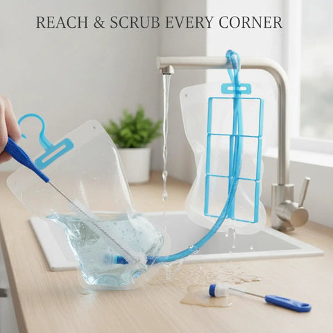 4-Piece Hydration Bladder Cleaning Brush Set for Water Reservoirs and Drinking Tubes in use at a sink