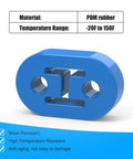 Blue EPDM exhaust hanger with 12mm holes, showing material and temperature range details. Beefed-Up EPDM Exhaust Hangers For Muffler Bushing Insulator, Heavy-Duty Shock Absorbent Mount Bracket With 12mm Holes, Universal Fit, 73x47x21mm, 4Pcs, Blue.