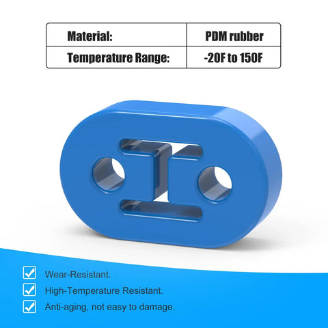 Blue EPDM exhaust hanger with 12mm holes, showing material and temperature range details. Beefed-Up EPDM Exhaust Hangers For Muffler Bushing Insulator, Heavy-Duty Shock Absorbent Mount Bracket With 12mm Holes, Universal Fit, 73x47x21mm, 4Pcs, Blue.