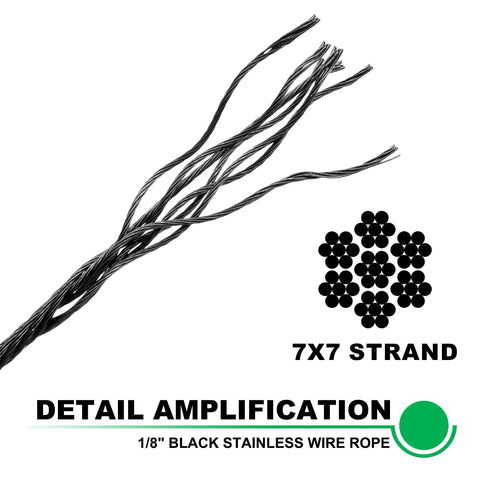 Close-up of 7x7 strand One Eighth Inch 400 Ft T316 Stainless Steel Railing Cable Wire Rope for deck railing systems.